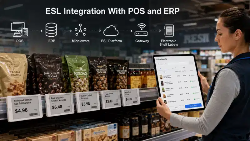 Integracija elektronskih nalepk na policah s POS in ERP: API-ji, preslikava p...
