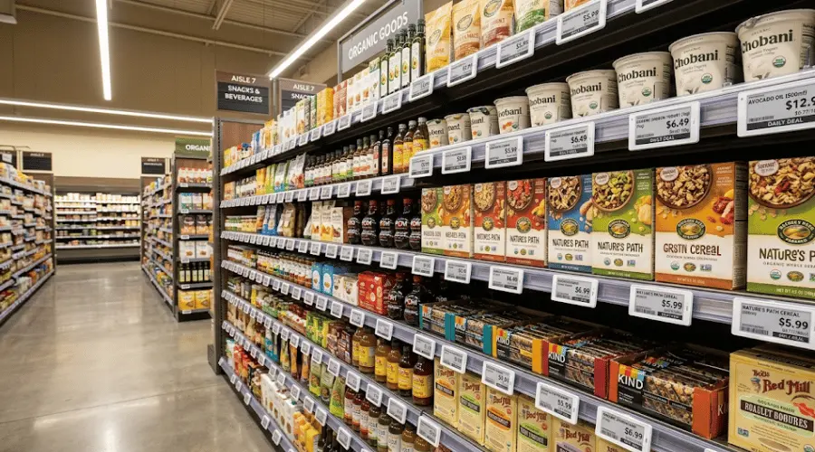 Digital price tags installed on retail shelves in a modern store Digital price tags installed on retail shelves in a modern store